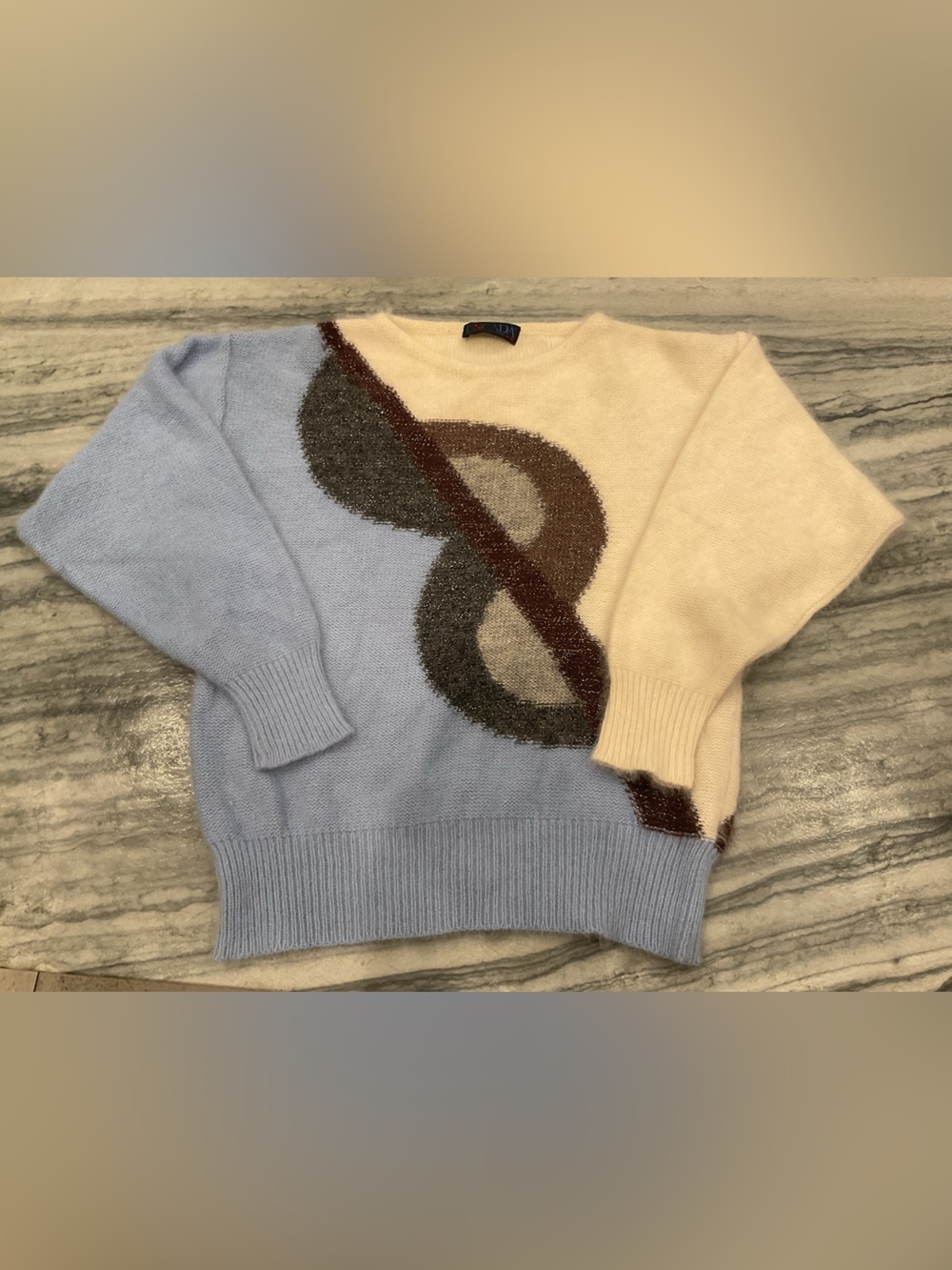 Escada Colorblock Crewneck Sweater in Light Blue, Cream, Brown and Gray